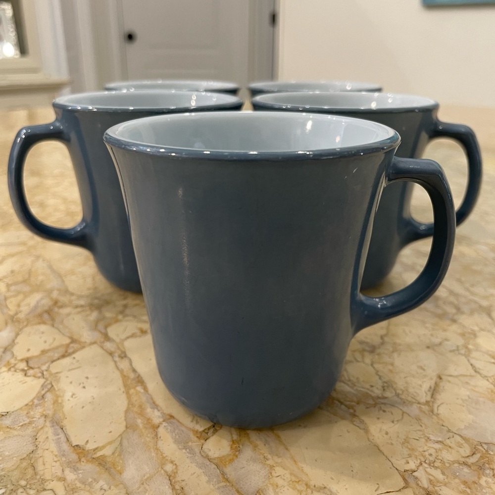 5 Vintage Pyrex Slate Blue Coffee Mugs. Circa 1980s.